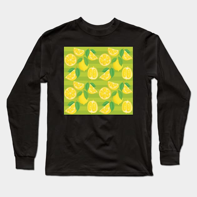 Pattern with lemons on green striped background Long Sleeve T-Shirt by marina63